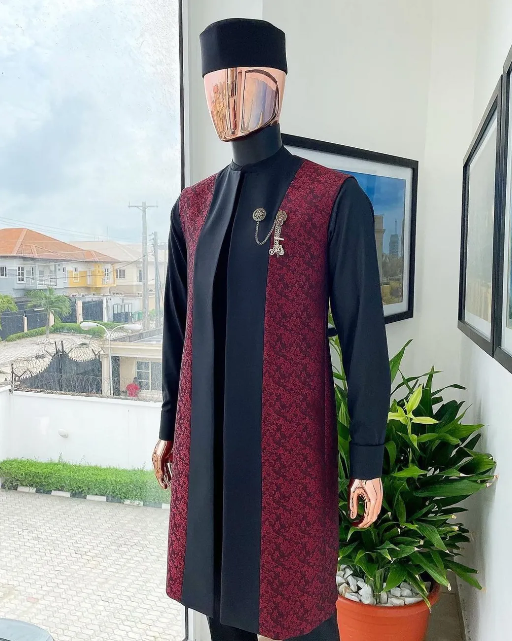 A charcoal black long sleeve kaftan, dispersed burgundy & black splash kimono jacket, hat and sokoto African traditional senator kaftan native.