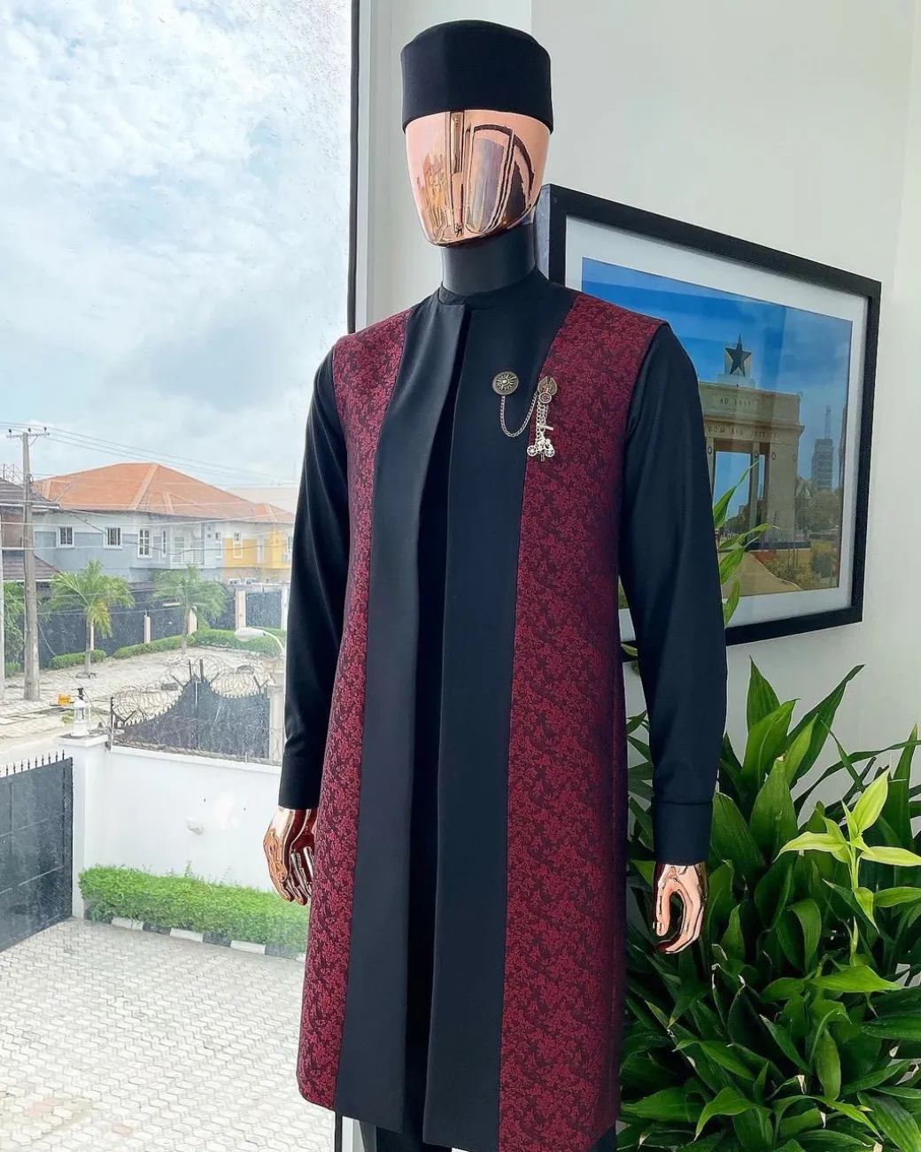 A charcoal black long sleeve kaftan, dispersed burgundy & black splash kimono jacket, hat and sokoto African traditional senator kaftan native.