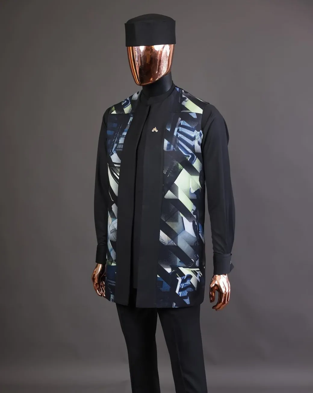A charcoal black long sleeve kaftan, 3D printed kimono jacket, hat and sokoto African traditional senator kaftan native.