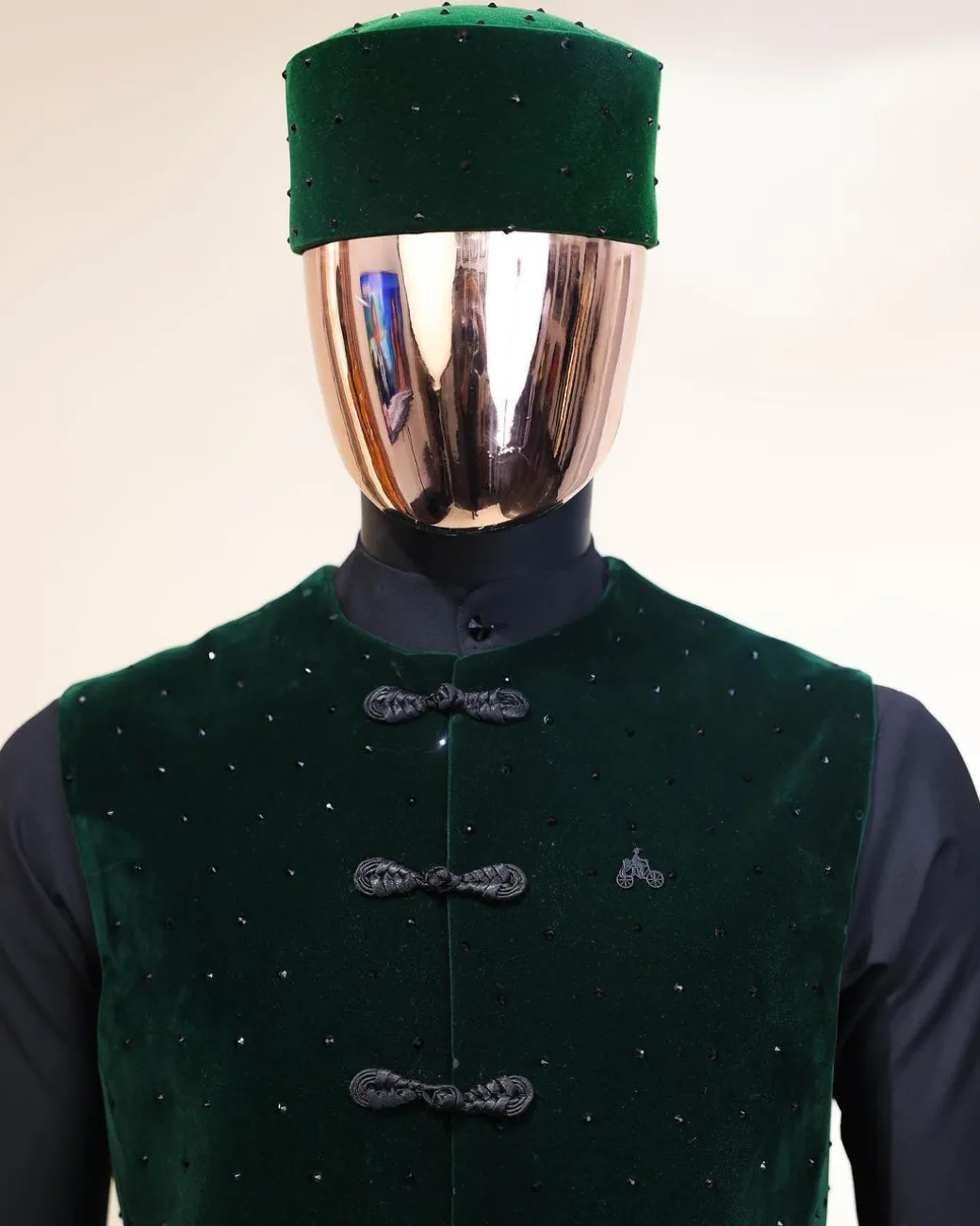 A Charcoal black long sleeve kaftan, Sacramento green velvet jacket, hat and sokoto African traditional senator kaftan native.