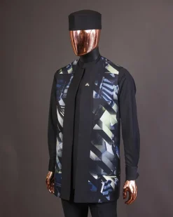 A charcoal black long sleeve kaftan, 3D printed kimono jacket, hat and sokoto African traditional senator kaftan native.