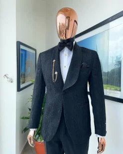 A Charcoal black “Mandarin” dispersed charcoal black ruffle pattern shawl lapel jacquard suit