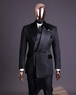 A Charcoal Black “Mandate” rain drop patterned jacquard, triple breasted, dropping sache tuxedo suit