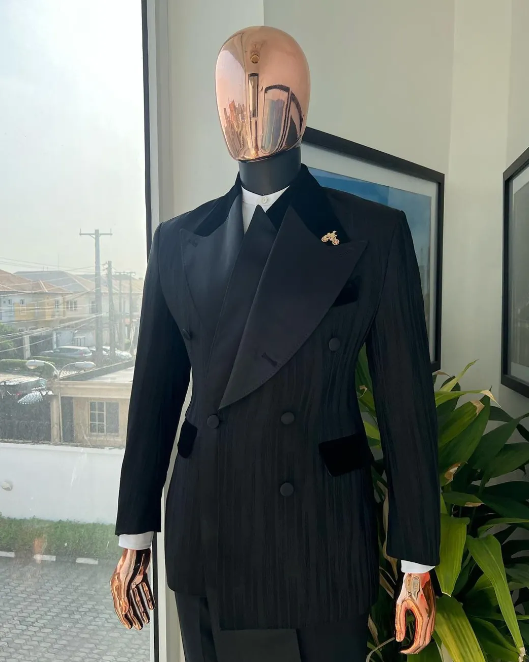 A Charcoal Black “Mandate” rain drop patterned jacquard, triple breasted, dropping sache tuxedo suit