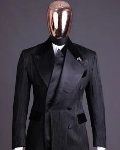 A Charcoal Black “Mandate” rain drop patterned jacquard, triple breasted tuxedo suit