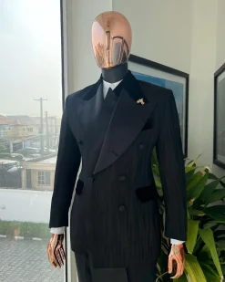 A Charcoal Black “Mandate” rain drop patterned jacquard, triple breasted, dropping sache tuxedo suit
