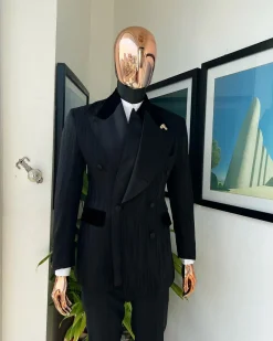 A Charcoal Black “Mandate” rain drop patterned jacquard, triple breasted tuxedo suit