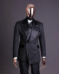A Charcoal Black “Mandate” rain drop patterned jacquard, triple breasted tuxedo suit