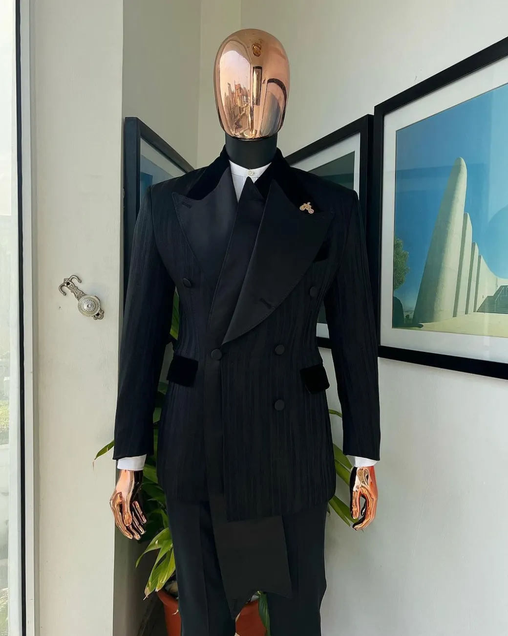 A Charcoal Black “Mandate” rain drop patterned jacquard, triple breasted, dropping sache tuxedo suit
