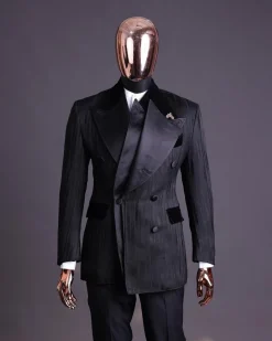 A Charcoal Black “Mandate” rain drop patterned jacquard, triple breasted tuxedo suit