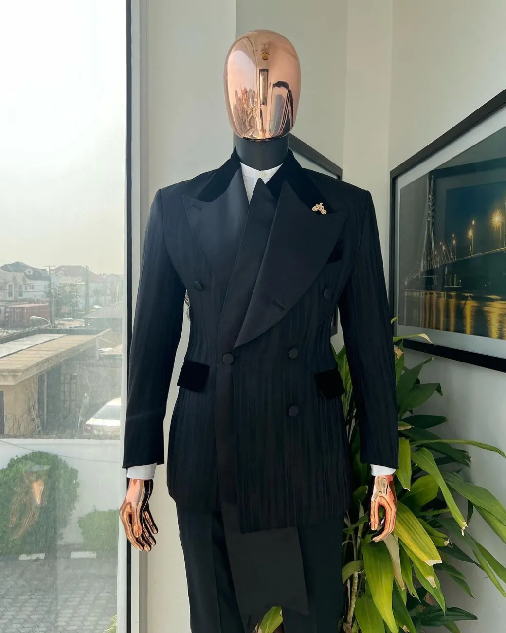 A Charcoal Black “Mandate” rain drop patterned jacquard, triple breasted, dropping sache tuxedo suit