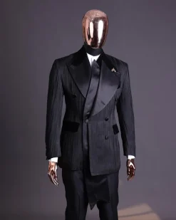 A Charcoal Black “Mandate” rain drop patterned jacquard, triple breasted, dropping sache tuxedo suit