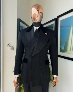 A Charcoal Black “Mandate” rain drop patterned jacquard, triple breasted, dropping sache tuxedo suit