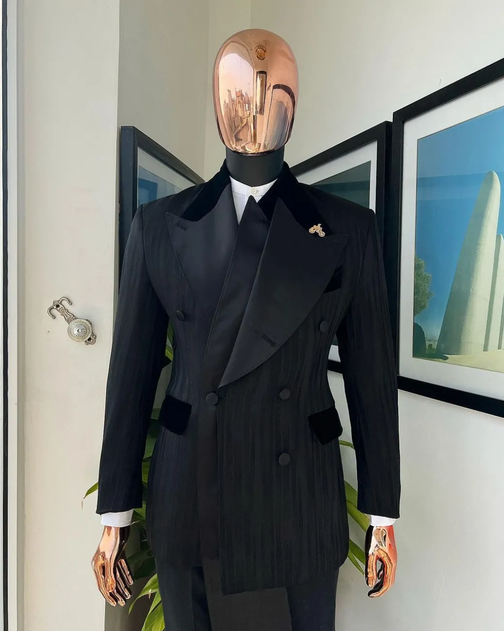 A Charcoal Black “Mandate” rain drop patterned jacquard, triple breasted, dropping sache tuxedo suit