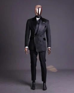 A Charcoal Black “Mandate” rain drop patterned jacquard, triple breasted tuxedo suit