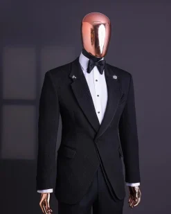 A Charcoal black, mushroom pattern jacquard, notch lapel tuxedo suit.