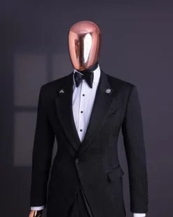 A Charcoal black, mushroom pattern jacquard, notch lapel tuxedo suit.