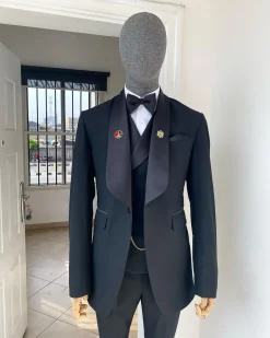 A Charcoal Black Nobility Fabric Shawl Lapel Tuxedo Suit