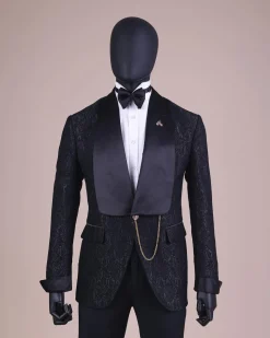 A Charcoal Black, Ocean Element Patterned Shawl Lapel Jacquard Tuxedo Suit