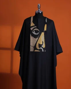 A Charcoal black, “Oju Aye” on canvas gold and black mix embroidery details Agbada