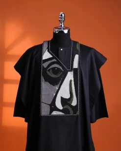 A Charcoal black, “Oju Aye” on canvas embroidery details agbada, silver clear view Swarovski buttons on 3/4 sleeve kaftan & sokoto