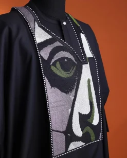 A Charcoal black, “Oju Aye” on canvas embroidery details agbada, silver clear view Swarovski buttons on 3/4 sleeve kaftan & sokoto