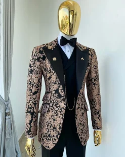 A Charcoal Black Peak Lapel, Pink “Mandarin” Metallic Jacquard Floral Tuxedo Suit