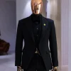 A Charcoal Black Peak Lapel, Stuffed/Slanted Square Patterned Jacquard Jacket.