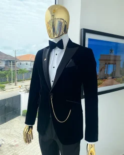 A Charcoal black peak lapel-soaked Italian velvet tuxedo suit