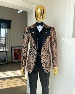 A Charcoal Black Peak Lapel, Pink “Mandarin” Metallic Jacquard Floral Tuxedo Suit