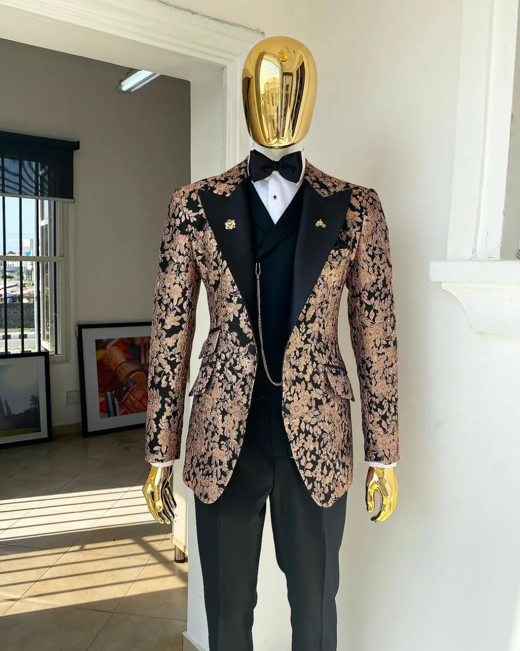 A Charcoal Black Peak Lapel, Pink “Mandarin” Metallic Jacquard Floral Tuxedo Suit