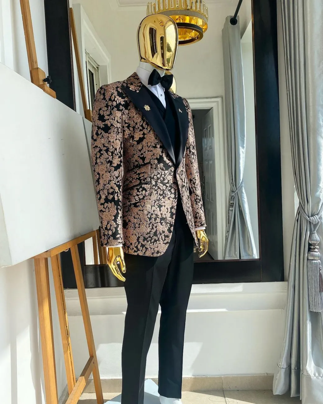 A Charcoal Black Peak Lapel, Pink “Mandarin” Metallic Jacquard Floral Tuxedo Suit