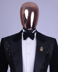 A Charcoal Black, Peak Lapel, Beaded Lace Tuxedo Suit