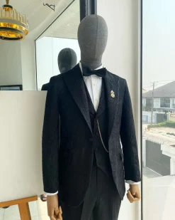 A Charcoal Black, peak lapel, dispersed ruffle jacquard suit