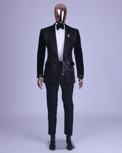 A Charcoal Black, Peak Lapel, Beaded Lace Tuxedo Suit
