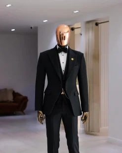A Charcoal Black Peak Lapel, Stuffed/Slanted Square Patterned Jacquard Jacket.
