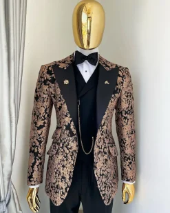 A Charcoal Black Peak Lapel, Pink “Mandarin” Metallic Jacquard Floral Tuxedo Suit