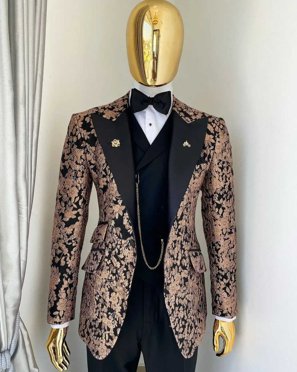 A Charcoal Black Peak Lapel, Pink “Mandarin” Metallic Jacquard Floral Tuxedo Suit