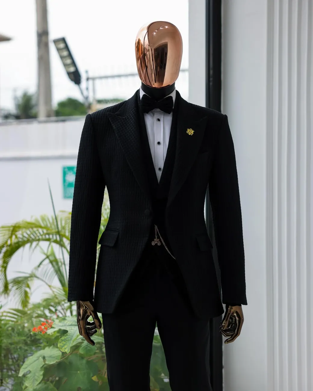 A Charcoal Black Peak Lapel, Stuffed/Slanted Square Patterned Jacquard Jacket.