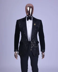 A Charcoal Black, Peak Lapel, Beaded Lace Tuxedo Suit