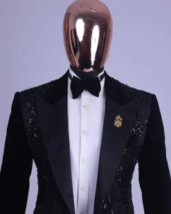 A Charcoal Black, Peak Lapel, Beaded Lace Tuxedo Suit