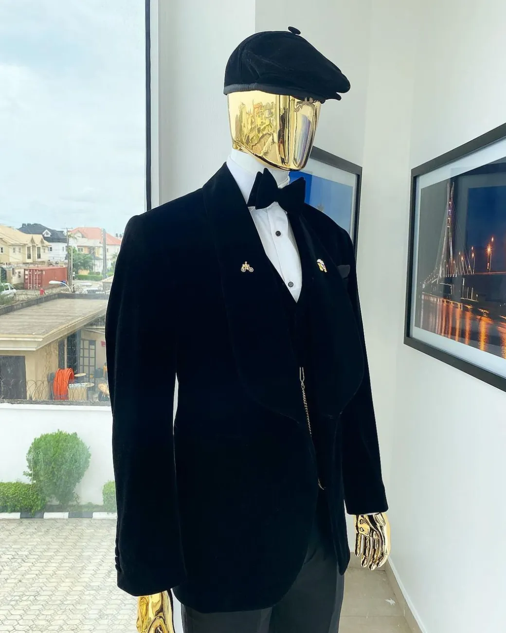 A charcoal black “peaky blinders” soaked Italian velvet shawl lapel tuxedo suit