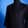 A charcoal black, pen stripe, front flap with Swarovski button, knitted curved pocket, 3/4 sleeve African senator kaftan native.