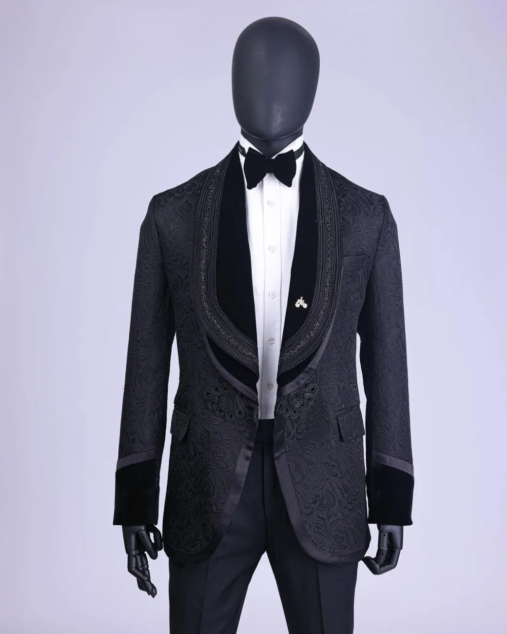A Charcoal Black “Quad-Shawl” Lapel Tuxedo Jacquard Suit
