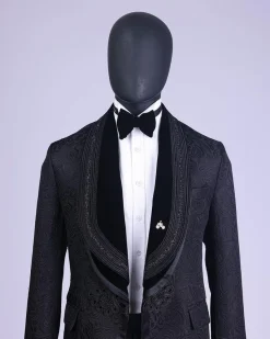 A Charcoal Black “Quad-Shawl” Lapel Tuxedo Jacquard Suit