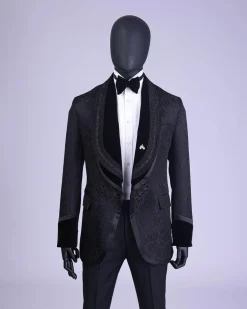 A Charcoal Black “Quad-Shawl” Lapel Tuxedo Jacquard Suit