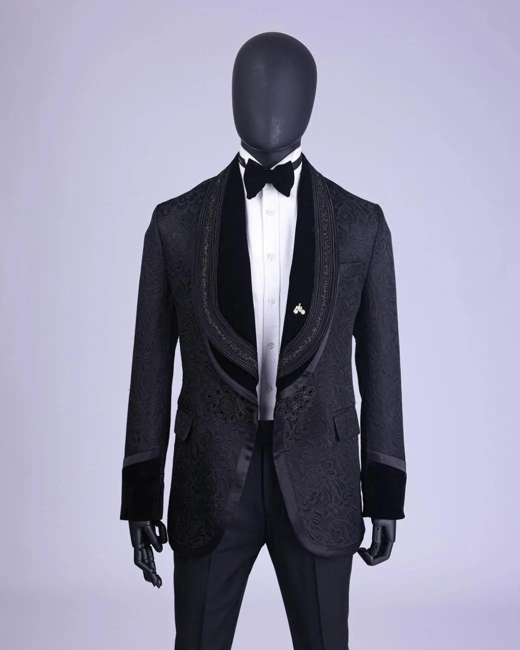 A Charcoal Black “Quad-Shawl” Lapel Tuxedo Jacquard Suit