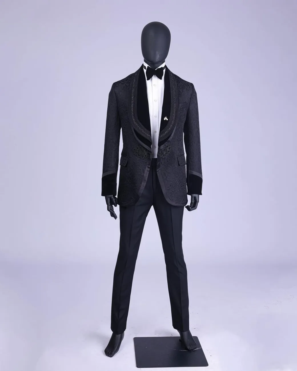 A Charcoal Black “Quad-Shawl” Lapel Tuxedo Jacquard Suit