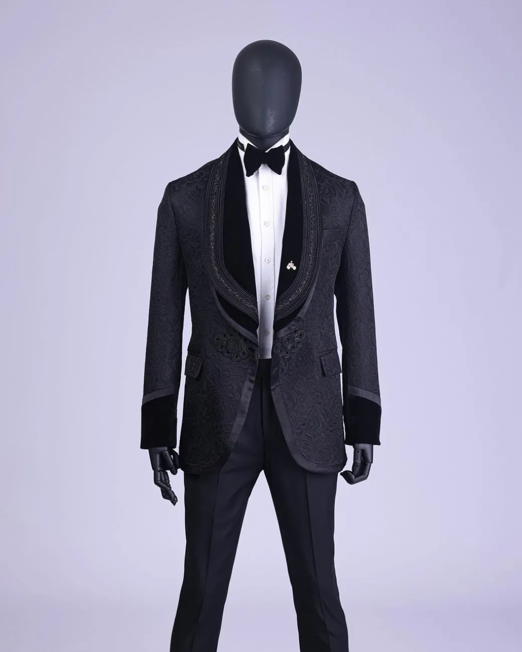 A Charcoal Black “Quad-Shawl” Lapel Tuxedo Jacquard Suit
