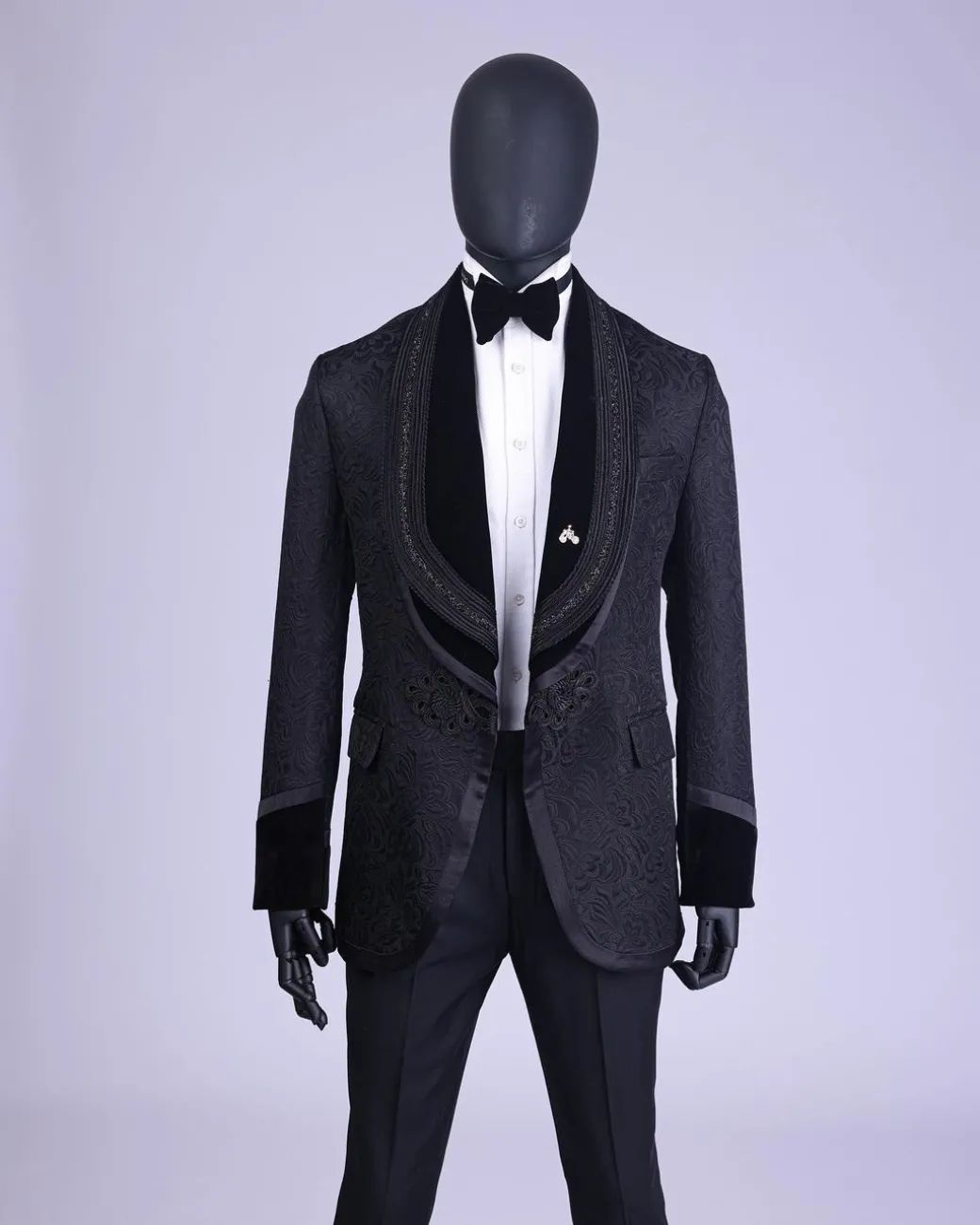 A Charcoal Black “Quad-Shawl” Lapel Tuxedo Jacquard Suit